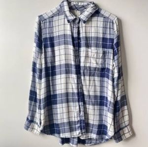 American Eagle Womens Flannel Top Shirt M Blue Plaid Casual Button Long Sleeve